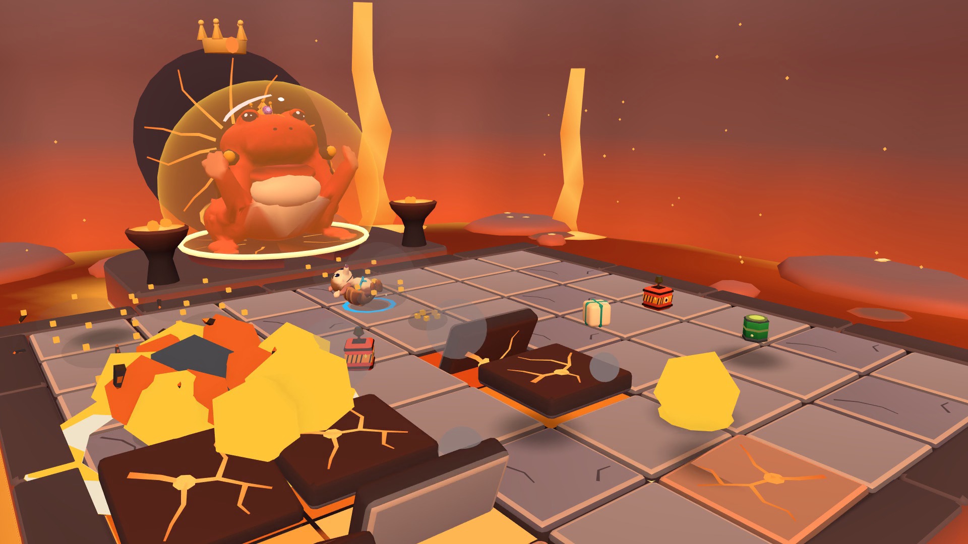 King Grumble attacks as explosions spread across his lava-lit crater arena.