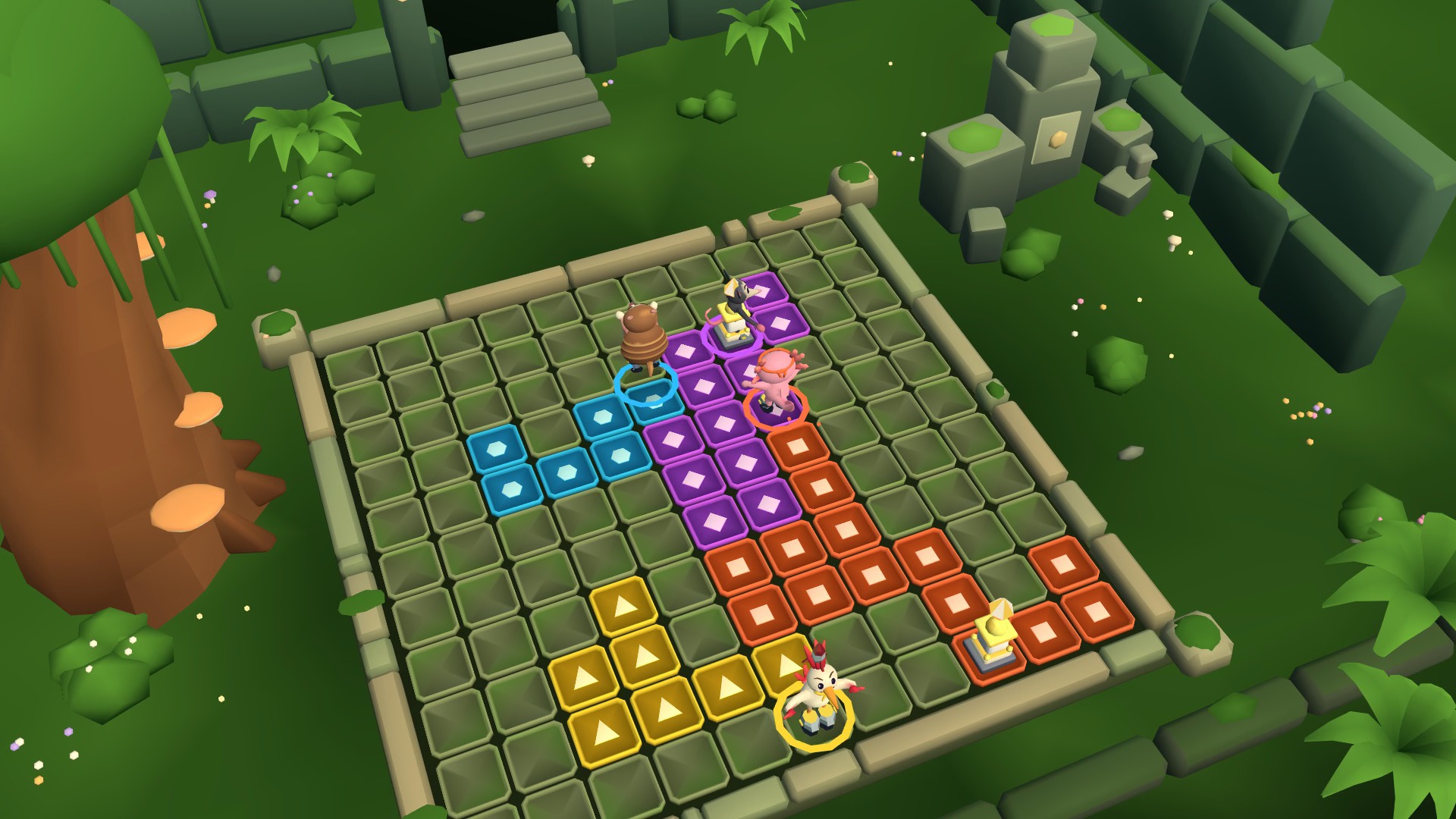 Four fighters race across a stone board covered in colourful arrow tiles.