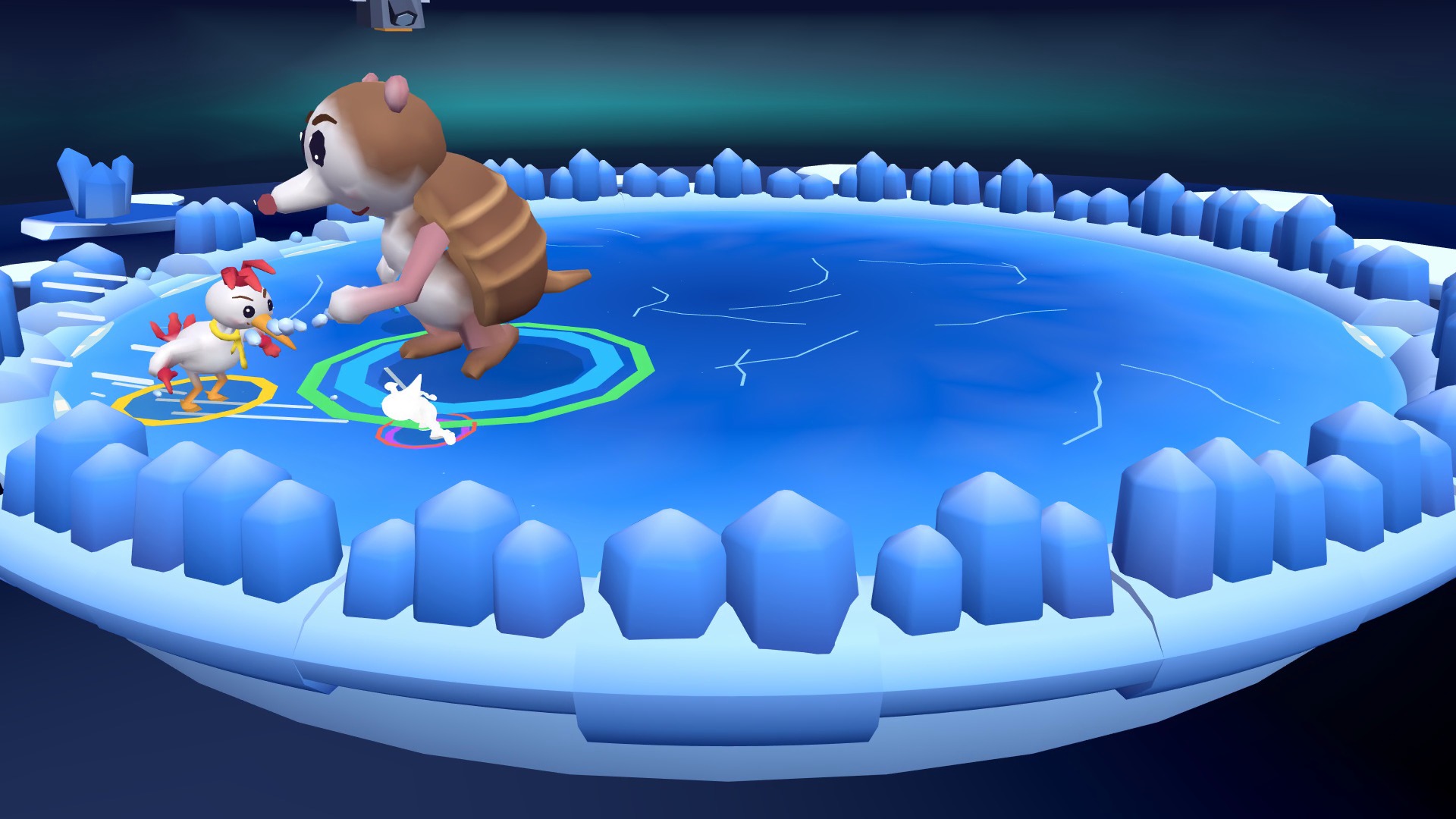 A giant Bramble towers over a tiny chicken fighter in the icy Bumper Grove arena.