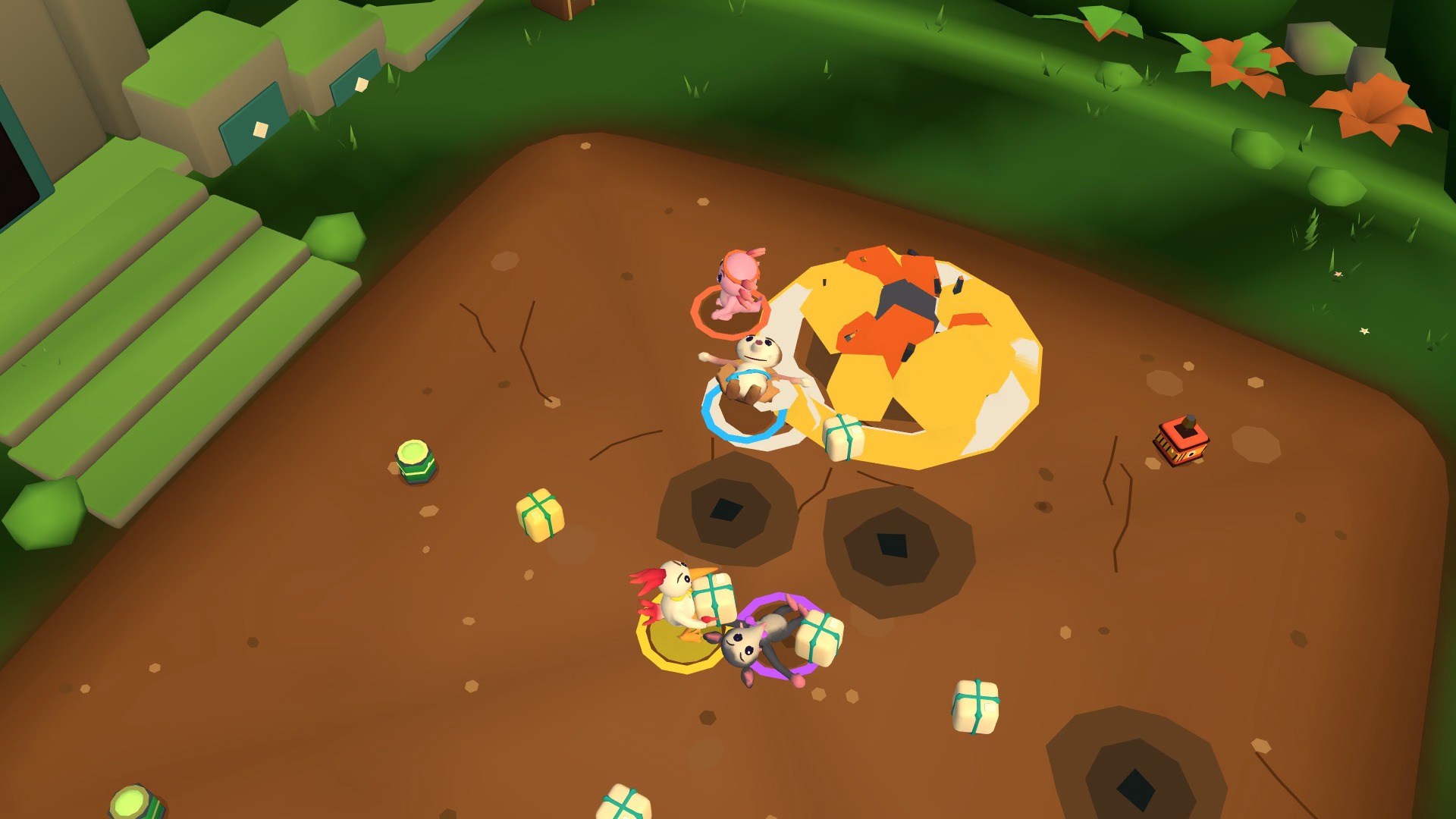 An explosion erupts among fighters and parcels in a forest arena.