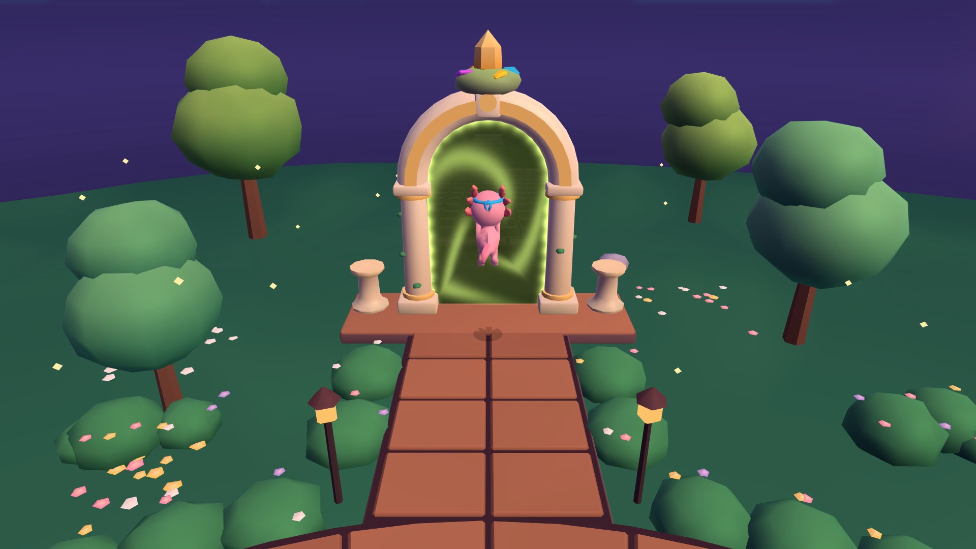 A fighter approaches a golden portal in a green adventure hub.