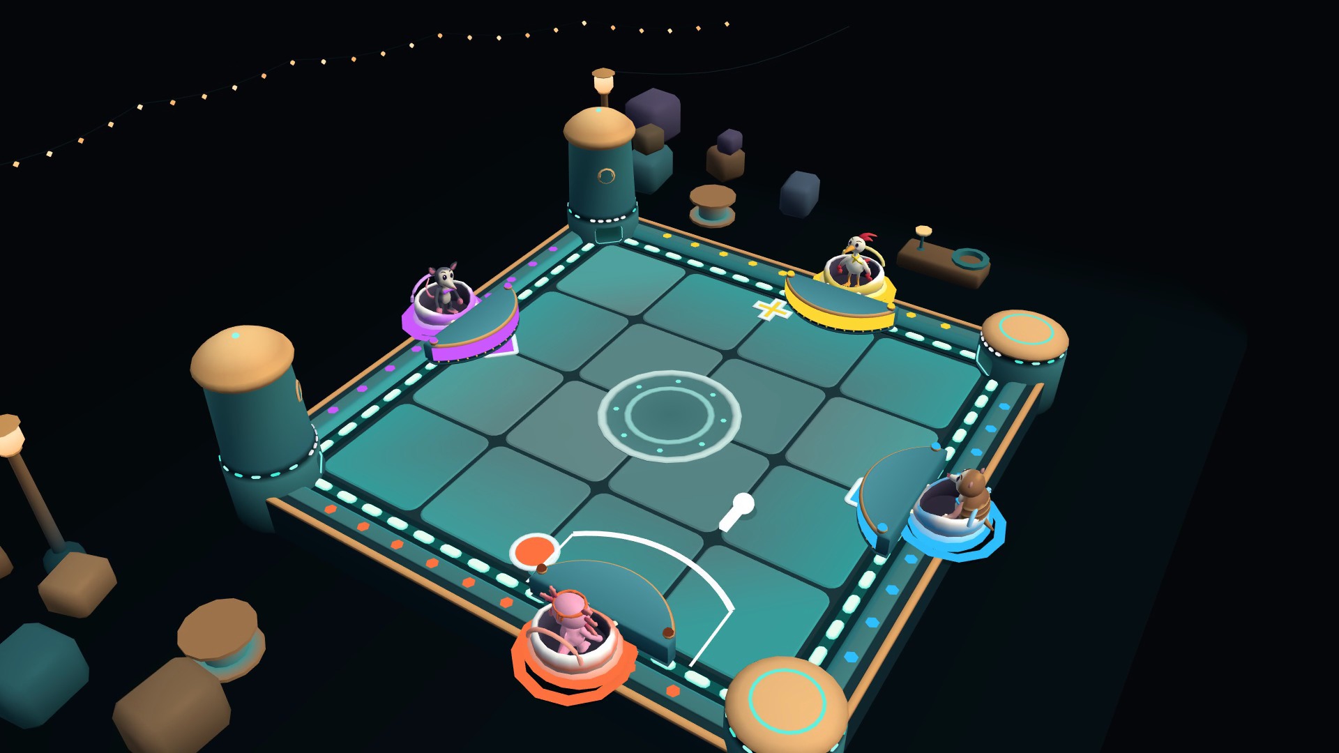 Four fighters guard goals around a glowing square arena.