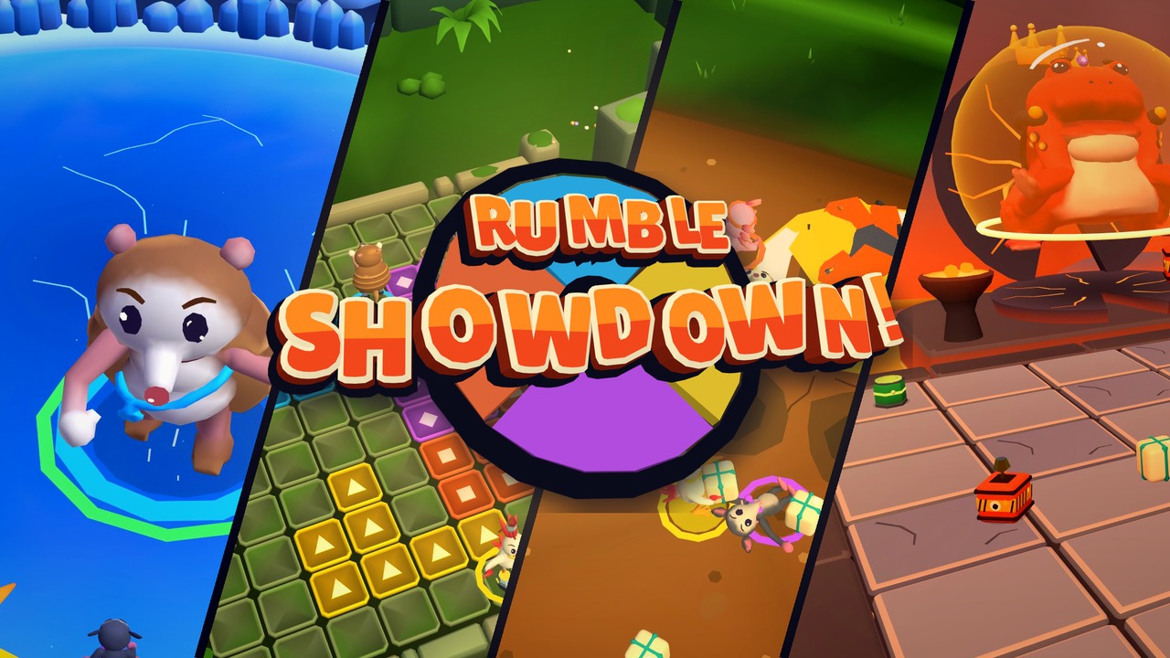 Rumble Showdown title over a collage of fighters, colourful arenas and King Grumble.