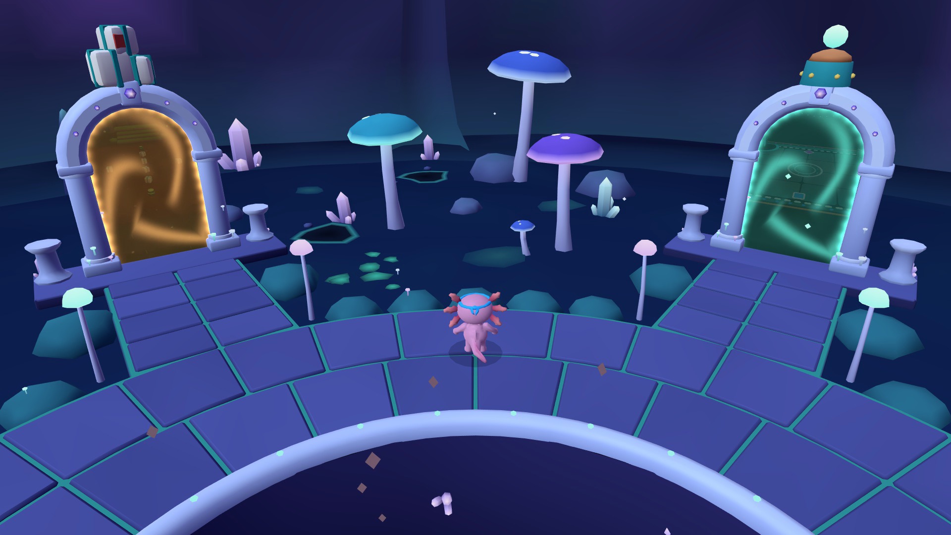 A fighter stands among glowing mushroom platforms and portals in a night-time hub.